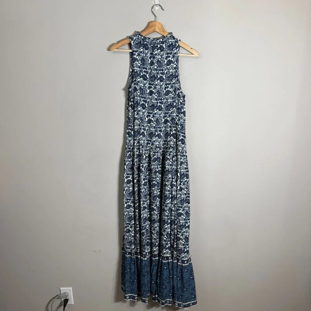 Mango Floral Paisley Print Button Up Tiered Maxi Dress Women's 2 Blue White NWT
